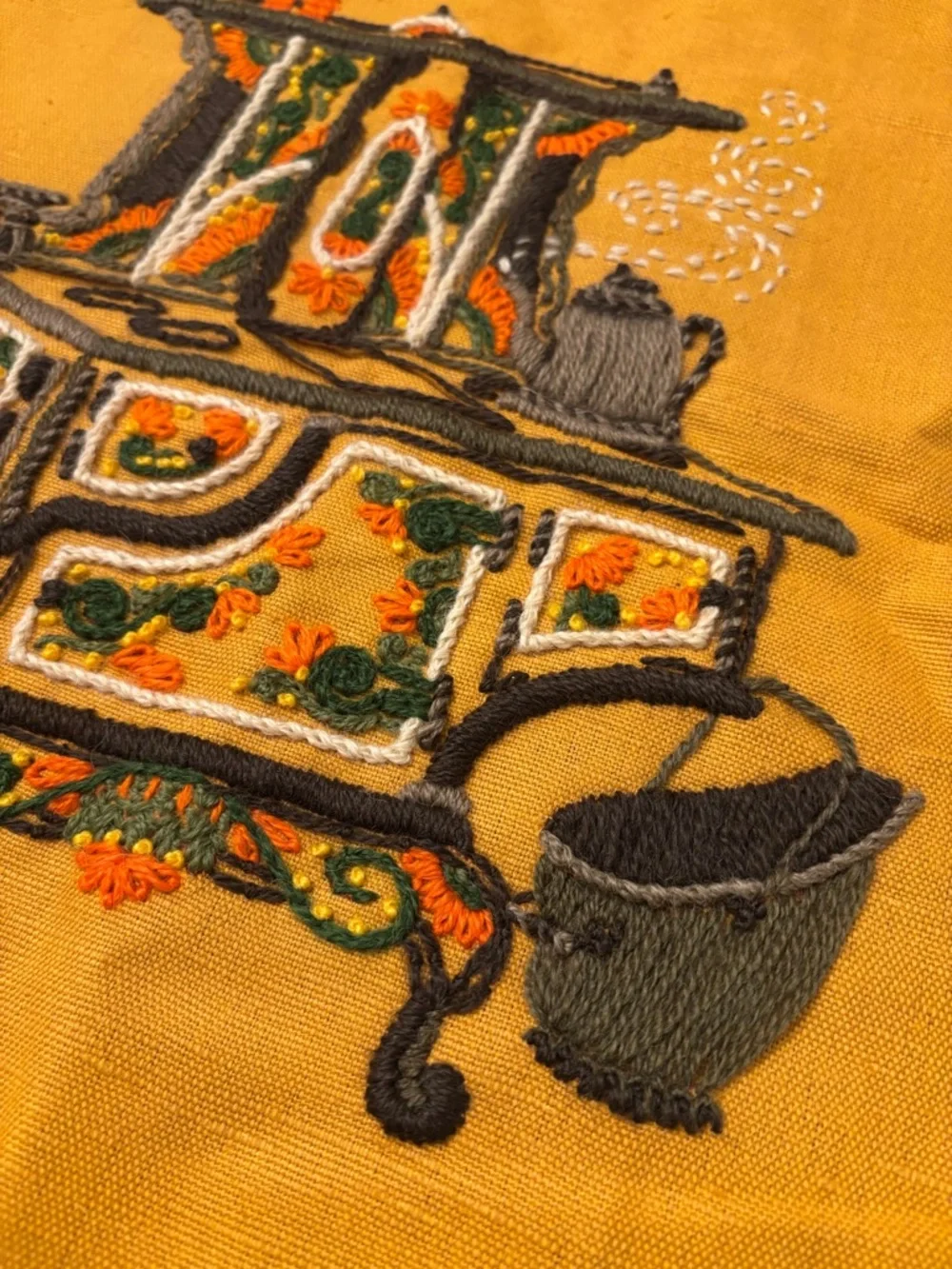 Vintage 1970s Crewel Embroidery Kitchen Stove Textile Art Mustard Folk Art
